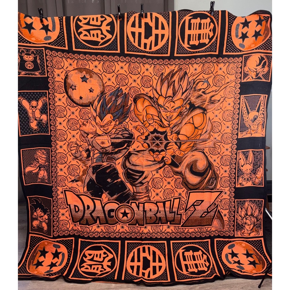 Dragon Ball Z Queen Size Mexican Blanket Goku Vegeta Orange Black Woven Throw